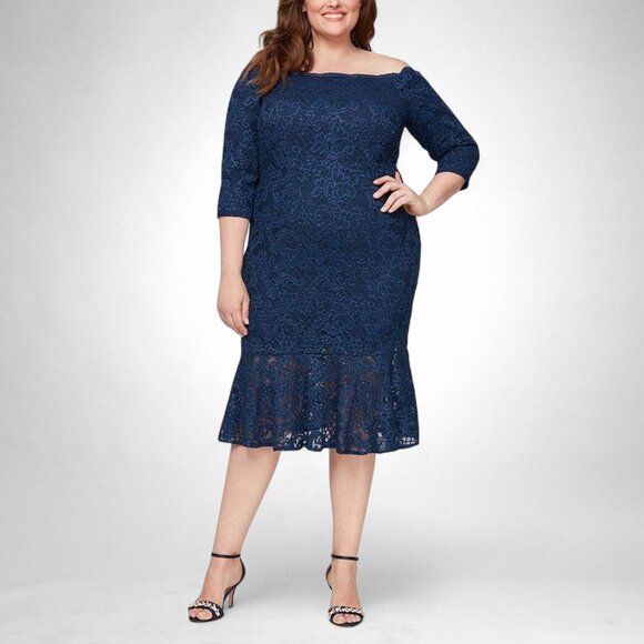 ALEX EVENINGS Scallop Detail Lace Navy Curvy Dress, NEW! Size 16W - Picture 1 of 11